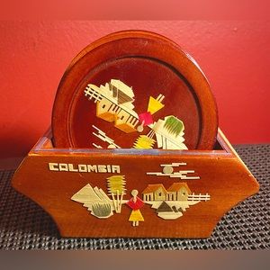 Colombia Wooden Coaster Set Vintage Hand Made